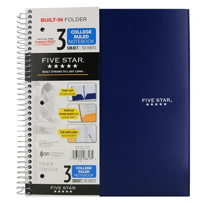 Mead Fivestar 3 Subject College Ruled Notebook 11 x 8.5 Inches 150 Sheets