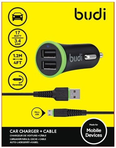 Budi Car Charger 2 USB Port With Micro USB Cable Double Series 2.4A 061M 1.2 m