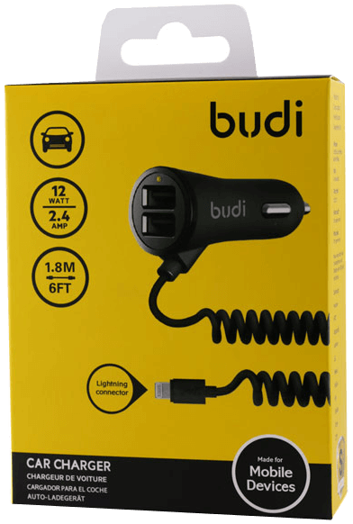 Budi Car Charger 2 USB Port With Coiled 3 in 1 Cable Type C 068T3