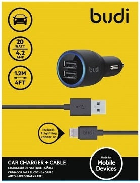 Budi Car Charger 2 USB Port With LED Indicator & Lightening Cable 622L